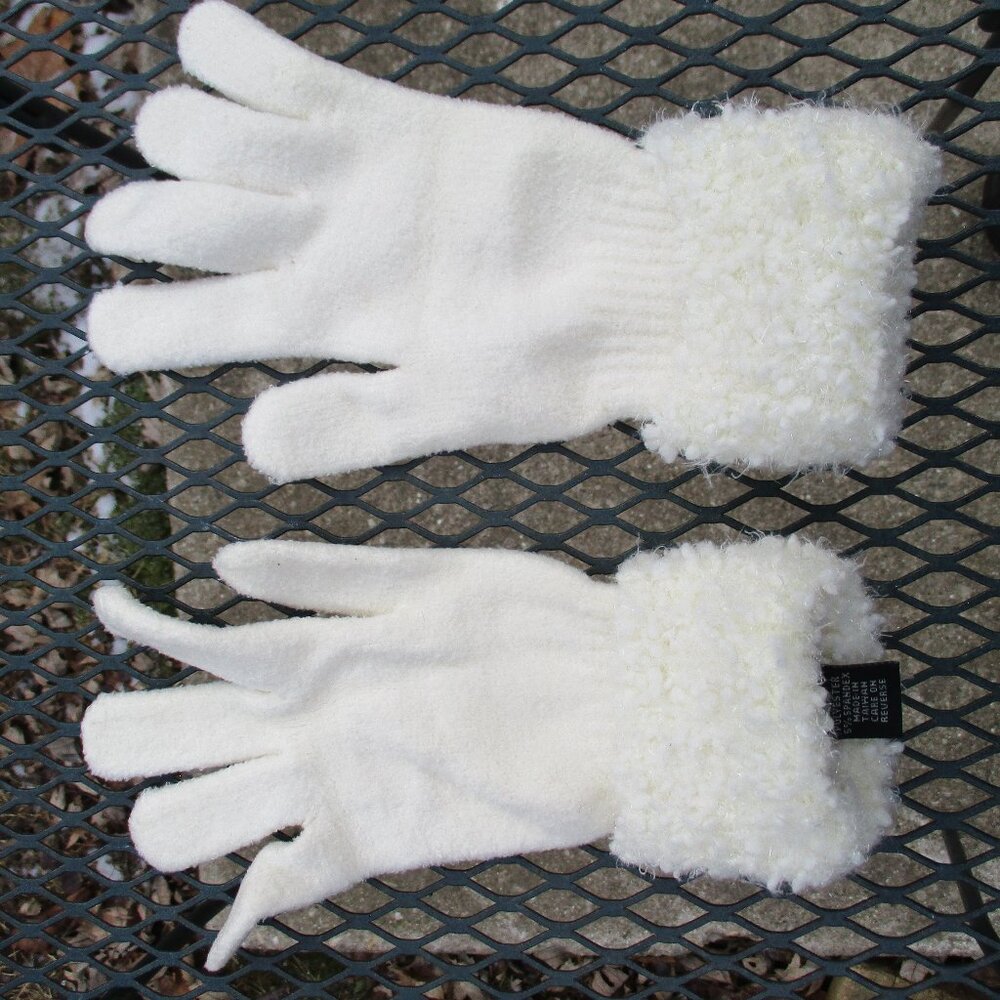 Cejon Women's White Winter Gloves w/ Fuzzy Glittery Cuffs OSFA One Size EUC CUTE
